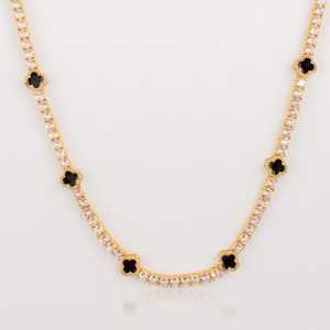 Iced Out Tennis Necklace with Black Clover Accents - Gold