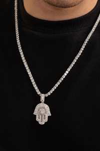 Iced Out Silver Hamsa Hand Pendant Necklace