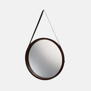 Leather Round Mirror - Walnut