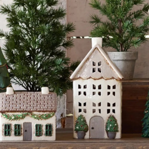 Christmas: Tea light Houses Set of Two - Stone