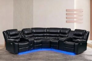Reclining Sofas: MODENA Air Leather Sectional Power Reclining Sofa with LED & Speaker (Black)