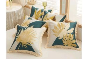 Homewares: GOLDEN Leaf Fringe Trim Cushions with Inner (45x45cm)