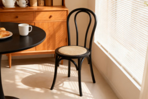Dining: RAYMON Solid Beech Dining Chair with Rattan Seat (Black)