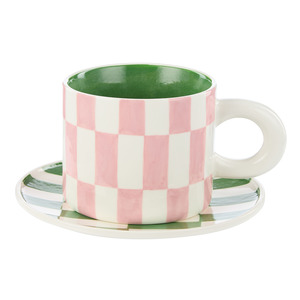 Mugs 1: Emporium Ceramic Check Mug & Plate Set Pink Green