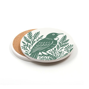 Coasters: 100% NZ Ceramic Coaster Woodcut Tūī