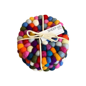 Sheep-ish Felt Ball Coasters Set of 4 Rainbow Multi