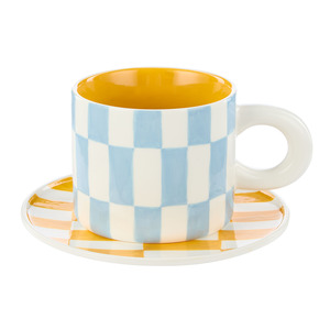 Mugs 1: Emporium Ceramic Check Mug & Plate Set Blue Orange