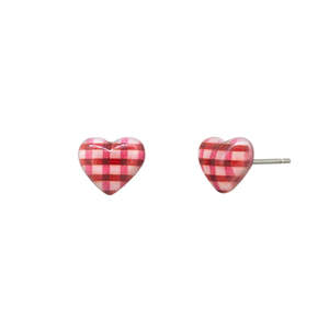 Earrings: Tiger Tree Red Gingham Heart Studs