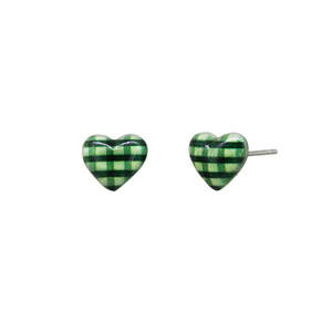 Tiger Tree Green Gingham Heart Studs