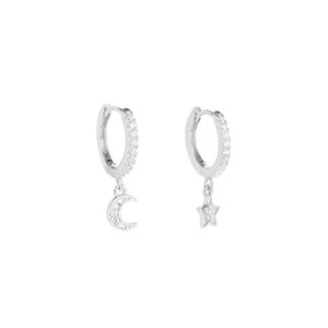 Earrings: Iko Iko Earrings CZ Crusted Huggies Star & Moon Silver