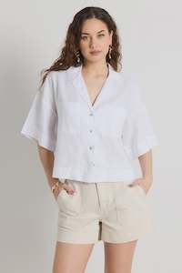 Tops/Tees: Meander White Lined Boxy SS Shirt - White
