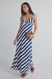 Dresses: Otherworldly Navy Stripe Bias Slip Midi Dress