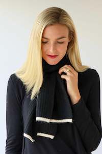 Wool Blend Ribbed Scarf w Border -Black/Winter White