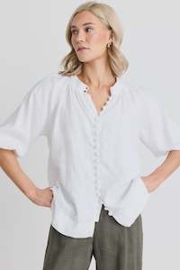 By Rosa: Restoration Linen Button Front Mid Sleeve - White