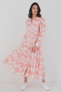 By Rosa: Adair Tiered Shirt Style Maxi Dress -Blush Palms