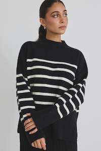 By Rosa: Alaska Black Stripe Funnel Neck Jumper -Black
