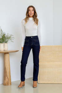 Country Denim: Front Pocket Stretch Relaxed Leg Jean - Dark Blue
