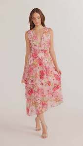 Mink Pink: Simone Tiered Midi Dress -Pink Floral