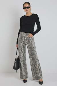 Jeans: Zoey High Rise Wide Leg Pocket Jean -Leopard