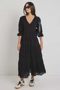 Ivy Jack: Dreamy Bubble Button Front Tiered Maxi Dress -Black