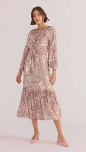 Mink Pink: Cadence Blouson Midi Dress - Pink Paisley