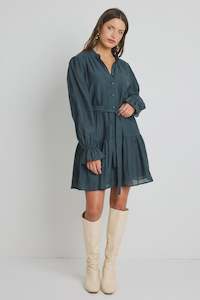 Audition Balloon Sleeve Drop Waist Mini Dress - Deep Forest