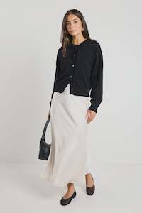 Ivy Jack: Rosette Satin Bias Midi Skirt -Pearl