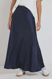 By Rosa: Preserve Floaty Satin Bias Maxi Skirt -Navy