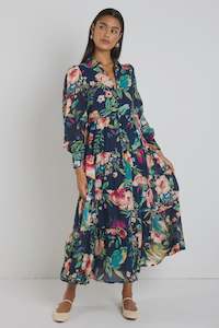 Adair Tiered Shirt Style Maxi Dress -Navy Vibrant Floral