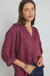 Deity Linen Puff Slv Blouse - Burgundy
