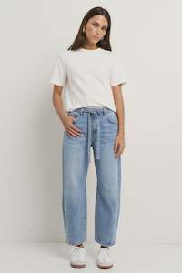 Jeans: Campus Tie Waist Barrel Jean - Light Blue