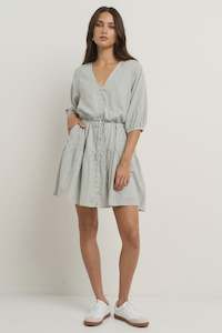 Ivy Jack: Switch Puff Sleeve Mini Dress - Khaki Stripe