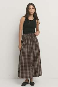Ivy Jack: Cheerful  Shirred Maxi Skirt - Chocolate Gingham