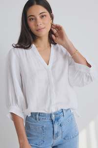 By Rosa: Deity Linen Puff Sleeve Blouse - White