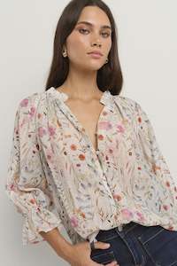 By Rosa: Encounter Gathered Front Button Top - Cream Floral