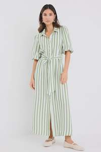By Rosa: Kindred Puff Sleeve Midi Dress - Moss Stripe