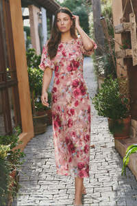 New Arrivals: Exquisite Puff Sleeve Midi Dress - Painted Rose