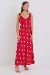 New Arrivals: Delightful Satin Bias Maxi Dress - Cherry Polka Dot