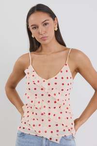 New Arrivals: Outgoing Frill Front Cami Top - Cream Cherry Polka Dot
