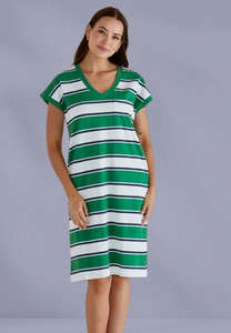 50: Zena T-Shirt Dress - Navy/Green Stripe