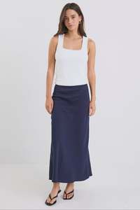 99: Bliss Linen Bias Midi Skirt - Navy