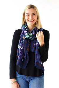 Wild Flower Print Scarf -Navy Blue