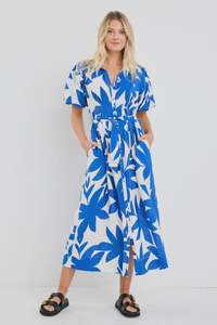 Among The Brave: Dusk Puff Sleeve Maxi Dress - Bright Blue Abstract