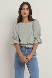 Lovely Strip Shirred Back Top - Khaki Stripe