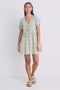 Frontier Puff Sleeve Mini Dress - Khaki Stripe