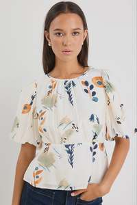 75: Finali Bubble Sleeve Top - Earthy Botanical