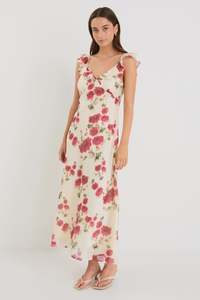 Amusing  Bias Slip Maxi Dress - Cream Red Rose