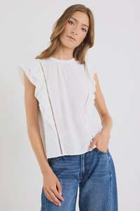 Ivy Jack: Exotic Sheer High Neck Frill Sleeve Top -  Ivory