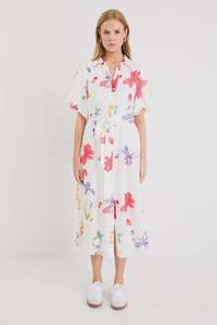 By Rosa: Jasmine Puff Sleeve Long Shirt Dress -  Cream Poppy Floral