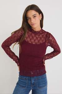 Among The Brave: Giving Lace Long Sleeve Top - Burgundy
